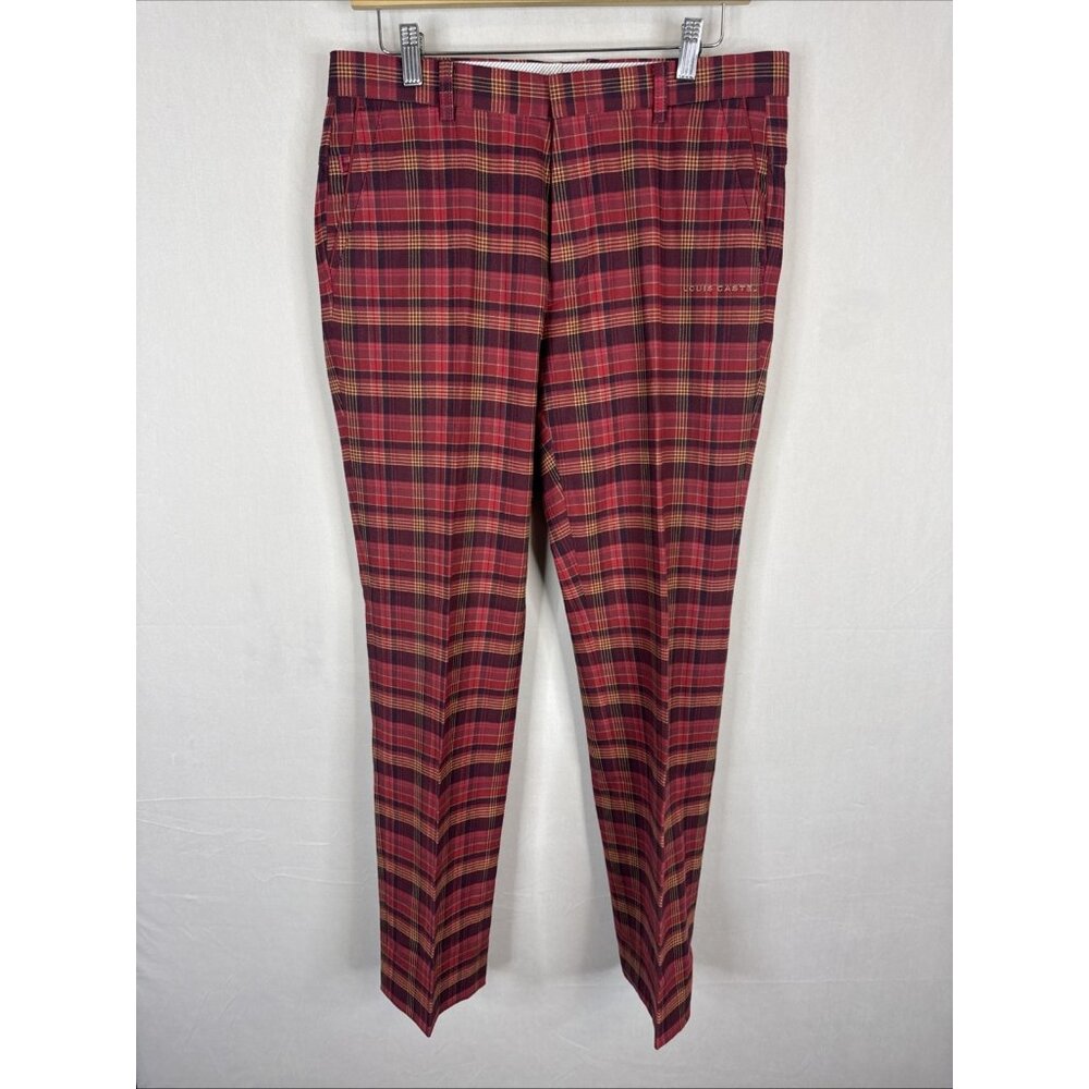 Louis Castel Plaid Golf Pants Red Tartan Check Mens 32X31 Stretch
